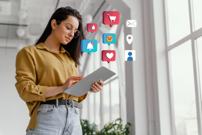 A woman holding an ipad