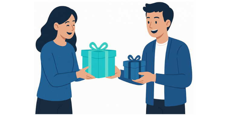two people exchanging gifts